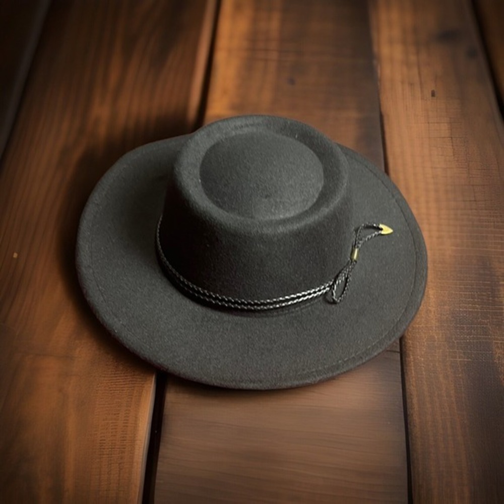 House of Harlow Black Felt Round & Discs Wide Brim Braided Detail Women's‎ Hat